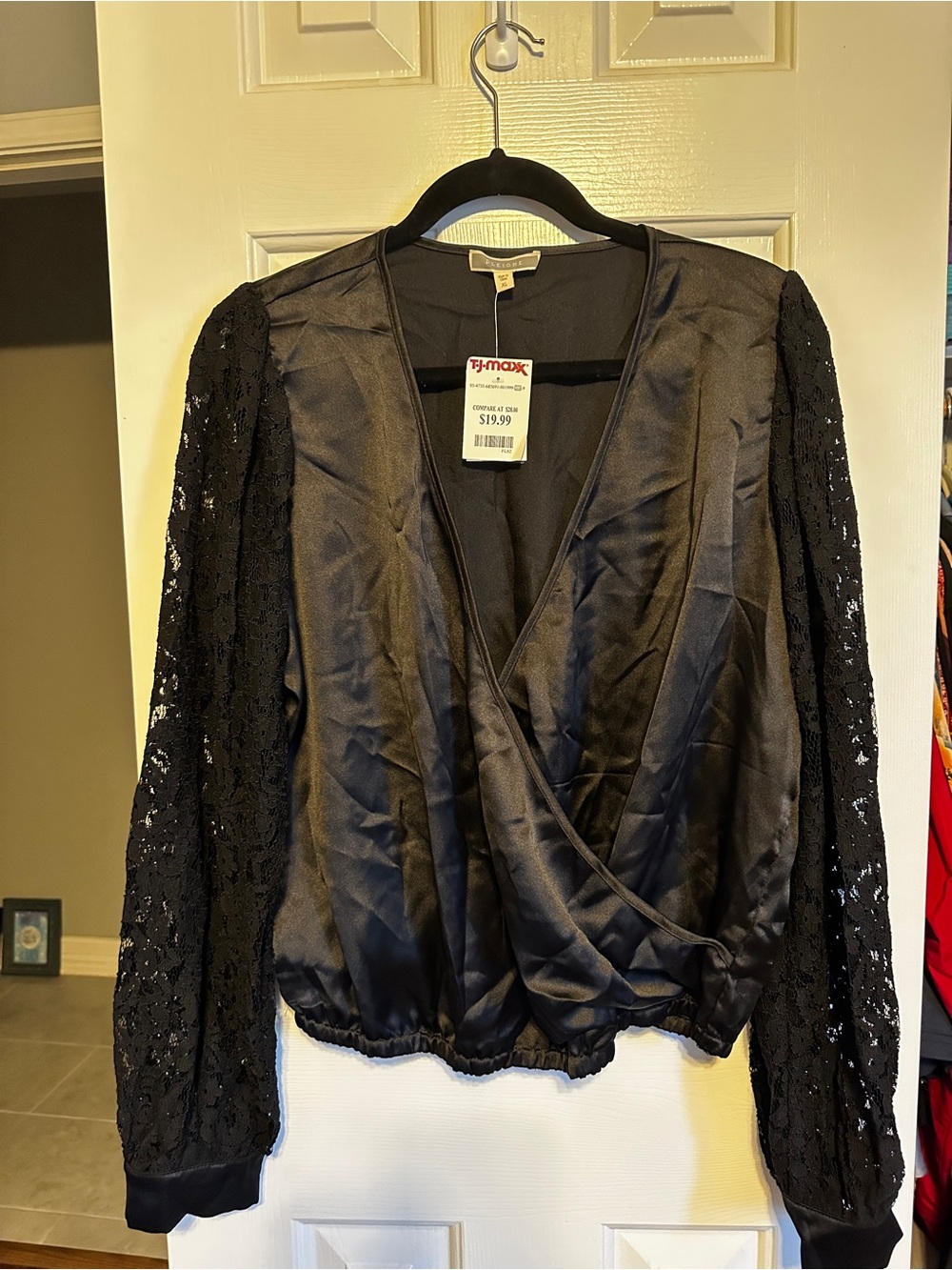 Pleione Black Satin Wrap Top with Lace Sleeves